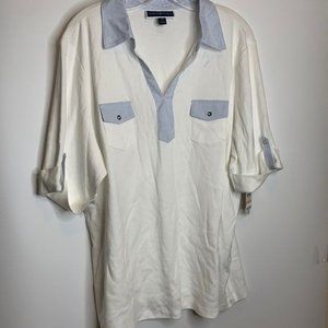 NWT Karen Scott Stretch Collared Roll-Tab Sleeve Top White Blue 2X PLUS SIZE